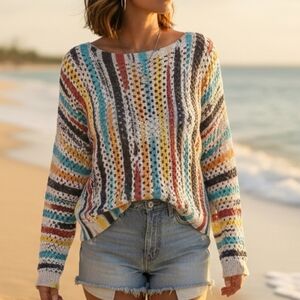 Multicolor Striped Mesh Oversized Women's Sweater ⛱️🌞